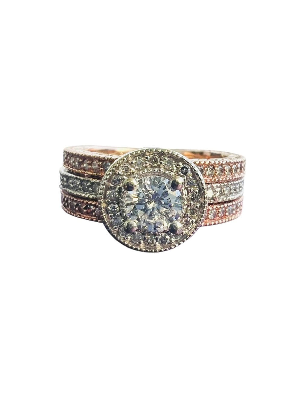 Effy 14K Rose & White Gold 1.63 CTW Diamond Halo Bridal Ring Set Size 8 Luxury